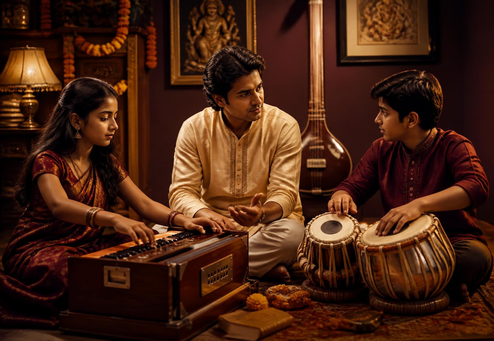Guru teaching harmonium and tabla to two students at Sangeet Safar Music Classes